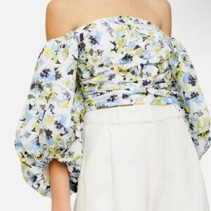 TANYA TAYLOR Top Size 10 Alondra Floral Ruched Crop Top Blue Yellow Off Shoulder